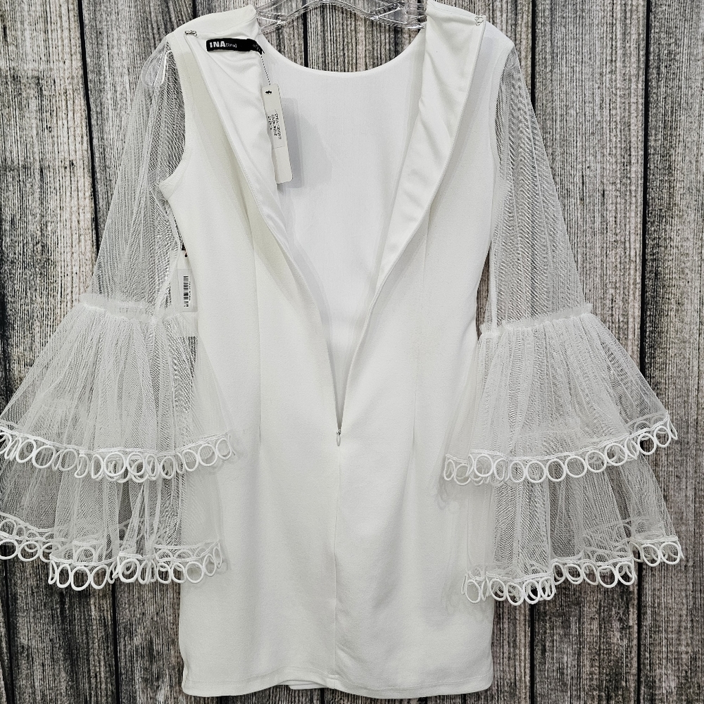 INA White Knit Nwt Mini Sheath Dress with Mesh Tiered Bell Sleeves - Picture 12 of 17